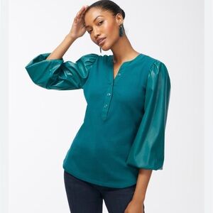 Chicos Faux Leather Sleeve Henley Top Sz L/2